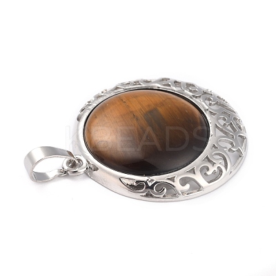 Natural Tiger Eye Pendants with Hollow Platinum Brass Findings G-P448-A15-P-1