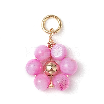 Dyed Natural Shell & Brass Round Beaded Flower Pendants PALLOY-JF03462-1