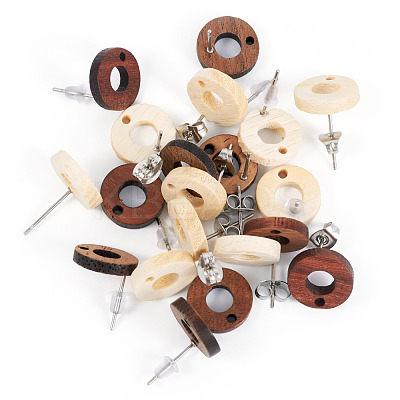 20Pcs 2 Styles Donut Shape Natural Ash Wood Stud Earring Findings EJEW-TA0001-35-1