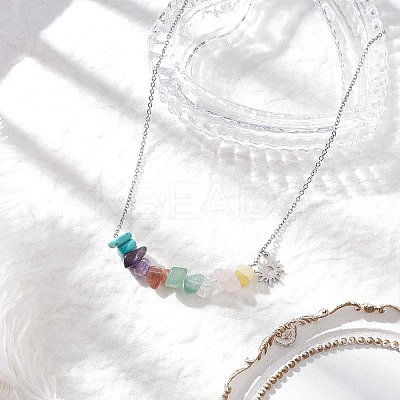 Chakra Gemstone Chip Beaded Pendant 304 Stainless Steel Cable Chain Necklaces NJEW-JN05501-1