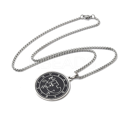 201 Stainless Steel Black Enamel Flat Round Sigil Pendant Necklaces NJEW-H065-14P-1
