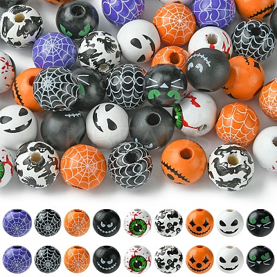 45Pcs 9 Colors Printed Round Wood European Beads WOOD-FS0001-21-1