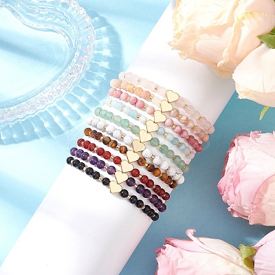 Heart Natural Gemstone Round Beads Braided Nylon Thread Bracelets for Women BJEW-MZ00166-1