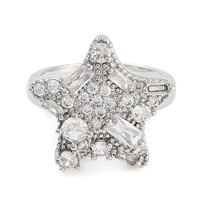 Rack Plating Brass Micro Pave Cubic Zirconia Star Open Cuff Rings for Women RJEW-C080-08P-1