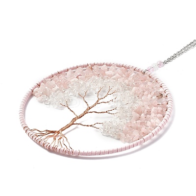 Wire Wrapped Chips Natural Crystal Quartz & Rose Quartz Big Pendant Decorations HJEW-A005-02A-1