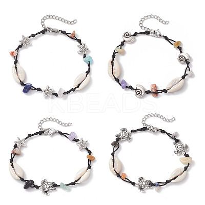 4Pcs Natural & Synthetic Gemstone Chip Beads & Cowrie Shell Beads Braided Bead Bracelets BJEW-JB11834-1