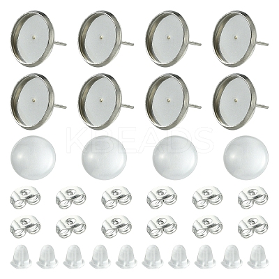 160Pcs 4 Styles Flat Round 304 Stainless Steel Stud Earring Settings with Transparent Glass Cabochons with 304 Stainless Steel Ear Nuts with Plastic Ear Nuts FIND-YW0005-37-1
