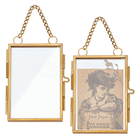 Rectangle Mini Brass Wall Hanging Photo Frame for Pressed Flower with Chain ODIS-WH0061-05AG-1