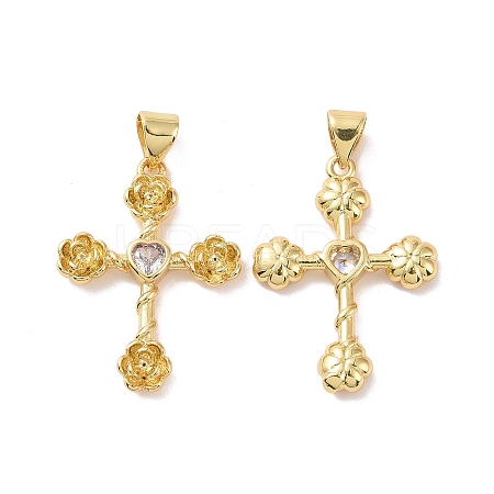 Cross with Flower Brass Micro Pave Cubic Zirconia Pendants KK-G435-06G-06-1