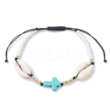 Corss Synthetic Turquoise & Natural Cowrie Shell Braided Bead Bracelets BJEW-JB10357-01-1