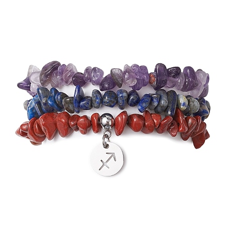 3Pcs 3 Styles Natural Amethyst & Lapis Lazuli &  Red Jasper Chips Stretch Bracelets Sets BJEW-JB11076-11-1