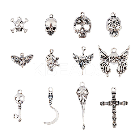 60Pcs 12 Styles Halloweem Themed Tibetan Style Alloy Pendants TIBEP-DC0001-35-1