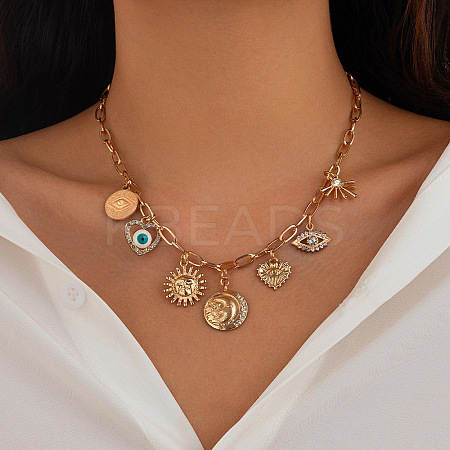 Alloy Enamel Heart Evil Eye & Iron & Rhinestone Pendant Bib Necklaces for Women FS-WG2E3D6-02-1