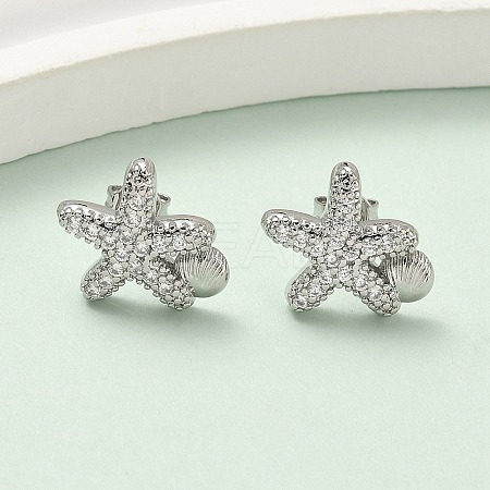 Brass Micro Pave Clear Cubic Zirconia Stud Earrings EJEW-A145-03C-P-1