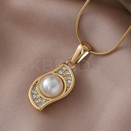Minimalist 304 Stainless Steel Crystal Rhinestone Pendant Necklaces with Imitation Pearl CU2461-1
