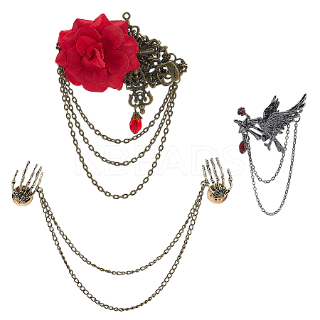 3Pcs 3 Styles Gothic Style Alloy Rhinestone Hanging Chain Brooches JEWB-GA0001-46-1