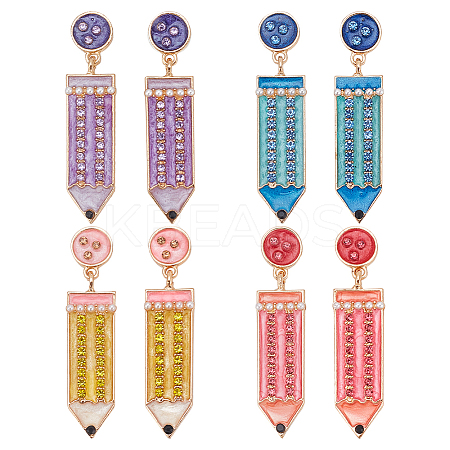 4 Pairs 4 Colors Alloy Enamel Pencil Dangle Stud Earrings for Teachers' Day EJEW-AN0004-86-1