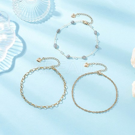Natural Morganite Nuggets & 304 Stainless Steel Link Chain 3 Layer Anklets for Women AJEW-AN00743-02-1
