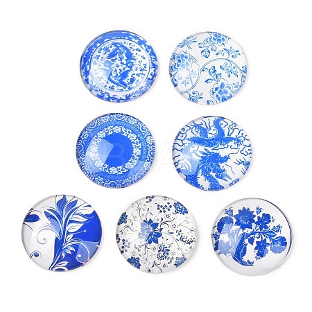 Blue and White Floral Printed Glass Cabochons GGLA-A002-30mm-XX-1
