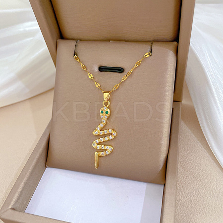 Brass Pave Full Cubic Zirconia Snake Pendant Necklaces NJEW-D309-02G-B-1