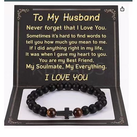 Cross Natural Tiger Eye & Frosted Black Obsidian Round Beads Stretch Bracelets for Men Women WG92FBF-11-1