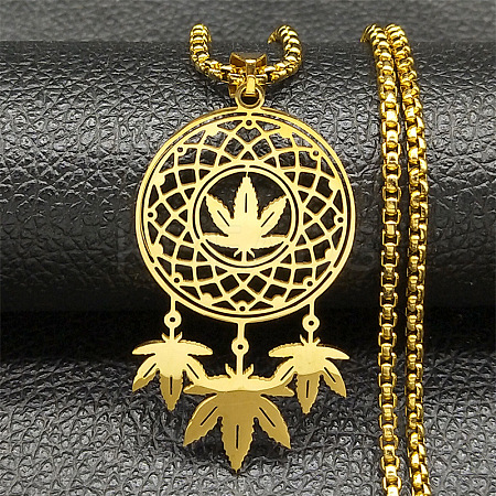201 Stainless Steel Woven Web/Net with Leaf Pendant Necklaces LS-NJEW-K283-07G-1