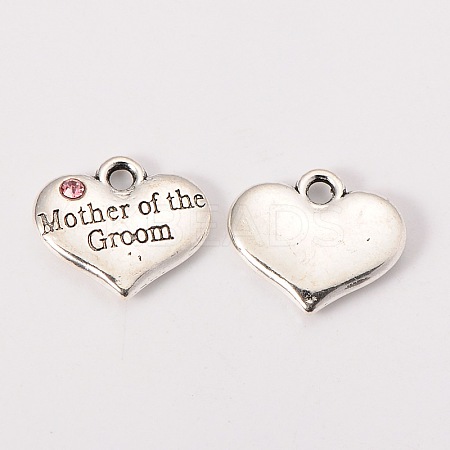 Wedding Theme Antique Silver Tone Tibetan Style Alloy Heart with Mother of the Groom Rhinestone Charms X-TIBEP-N005-17C-1