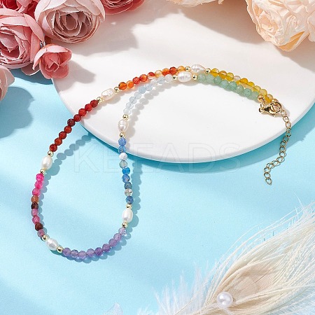 4mm Faceted Round Dyed Natural Agate & Carnelian & Green Aventurine & Aquamarine & Amethyst & Freshwater Pearl Beaded Necklaces NJEW-JN05110-1