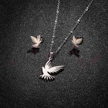 Stainless Steel Bird Stud Earrings & Pendant Necklaces Sets for Women PW-WG4042D-02-1