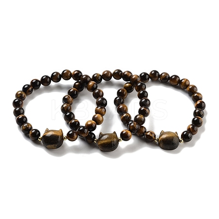 Round & Cat Head Natural Tiger Eye Beaded Stretch Bracelets for Women BJEW-K251-03D-1