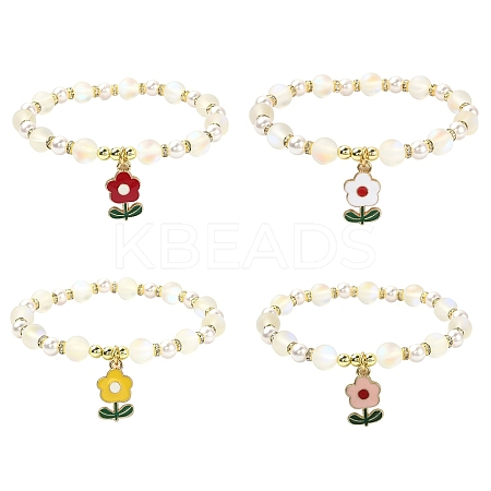 Synthetic Moonstone & Plastic Pearl & Hematite Beaded Stretch Bracelet BJEW-JB09502-1