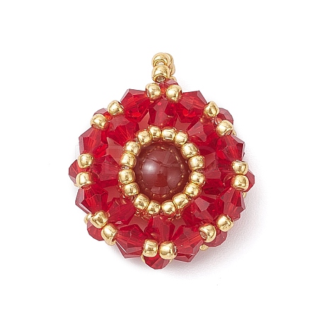 Natural Carnelian(Dyed & Hearted) & Glass Seed Beaded Flat Round Pendants PALLOY-MZ00950-07-1