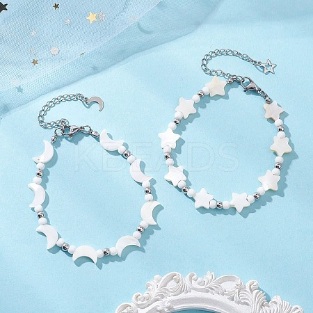 2Pcs Natural White Shell Star & Moon Link Bracelets BJEW-JB13283-1