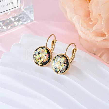 Flat Round 201 Stainless Steel Natural Shell Leverback Earrings FS-WG6391F-07-1