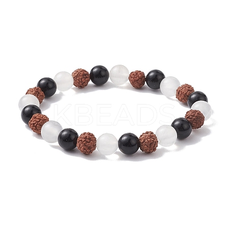 Natural Rudraksha & Selenite & Eyeless Obsidian Beaded Stretch Bracelets BJEW-JB10115-01-1