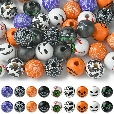 45Pcs 9 Colors Printed Round Wood European Beads WOOD-FS0001-21-1