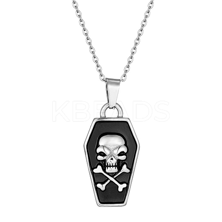 Halloween Theme 304 Stainless Steel Black Enamel Coffin with Skull Pendant Necklaces for Men NJEW-Z090-01P-1