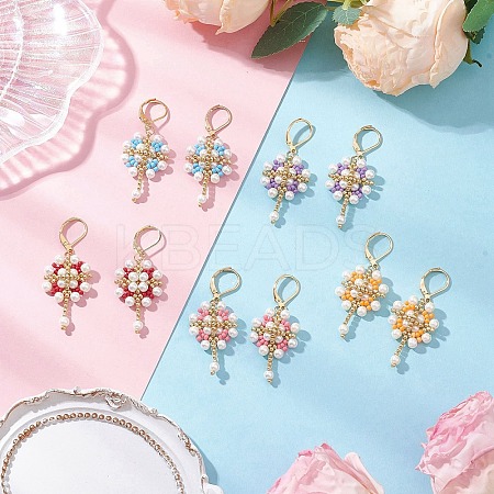 Flower with Cross 304 Stainless Steel Earrings Glass Seeds Leverback Earrings EJEW-MZ00507-1