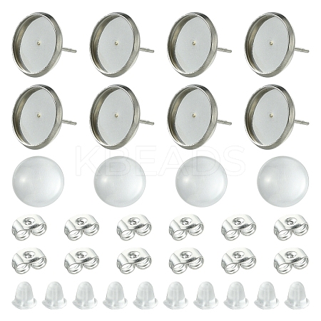 160Pcs 4 Styles Flat Round 304 Stainless Steel Stud Earring Settings with Transparent Glass Cabochons with 304 Stainless Steel Ear Nuts with Plastic Ear Nuts FIND-YW0005-37-1