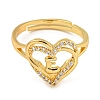 Heart with Letter Rack Plating Brass Micro Pave Clear Cubic Zirconia Adjustable Rings for Women RJEW-I105-01G-E-2
