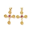 Cross with Flower Brass Micro Pave Cubic Zirconia Pendants KK-G435-06G-04-2
