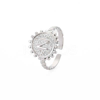 Non-Tarnish 304 Stainless Steel Flat Round with Initial Letter Open Cuff Ring for Men Women RJEW-S405-246P-N-1