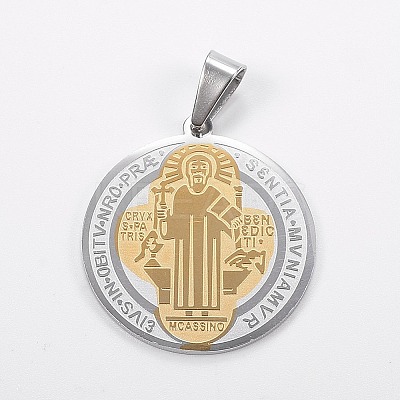 Trendy Necklace Findings Two Tone Flat Round with San Benito 304 Stainless Steel Pendants LS-STAS-L012-A10P-1