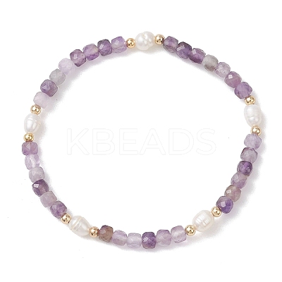 Natural Amethyst Cube Beads Stretch Bracelets for Women BJEW-JB13176-03-1