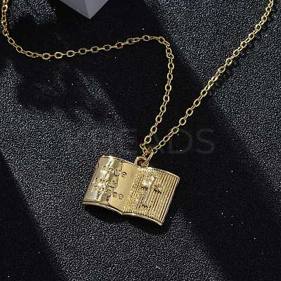 Brass Cross Bible Book Pendant Necklaces for Women Men NJEW-S438-03G-1