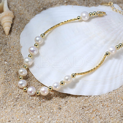Natural Pearl & 925 Sterling Silver Curved Tube Beaded Bracelet BJEW-Z025-01G-1