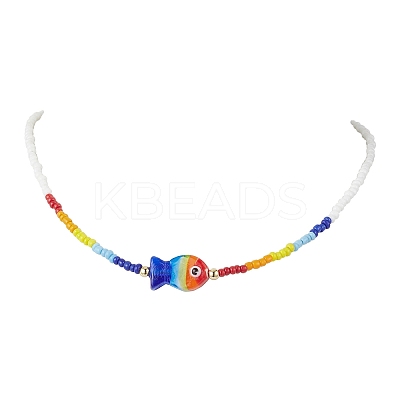Boho Handmade Lampwork Fish & Colorful Glass Seed Beaded Necklaces for Women NJEW-TA00199-1