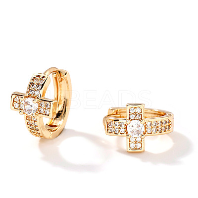 Elegant Cross Brass Pave Clear Cubic Zirconia Hoop Earrings HU5672-2-1