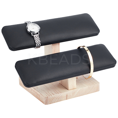 PU Leather 2-Tier T-Bar Bracelet Display Stands with Wooden Base BDIS-WH0010-09B-1