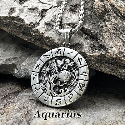 Flat Round with Engraved Twelve Constellation Alloy Pendant Necklace for Women Men WG25F4B-12-1